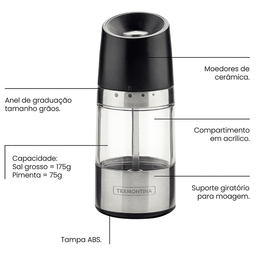 Moedor para Sal ou Pimenta Realce em Aço Inox Acrílico e ABS Tramontina Inox com Preto