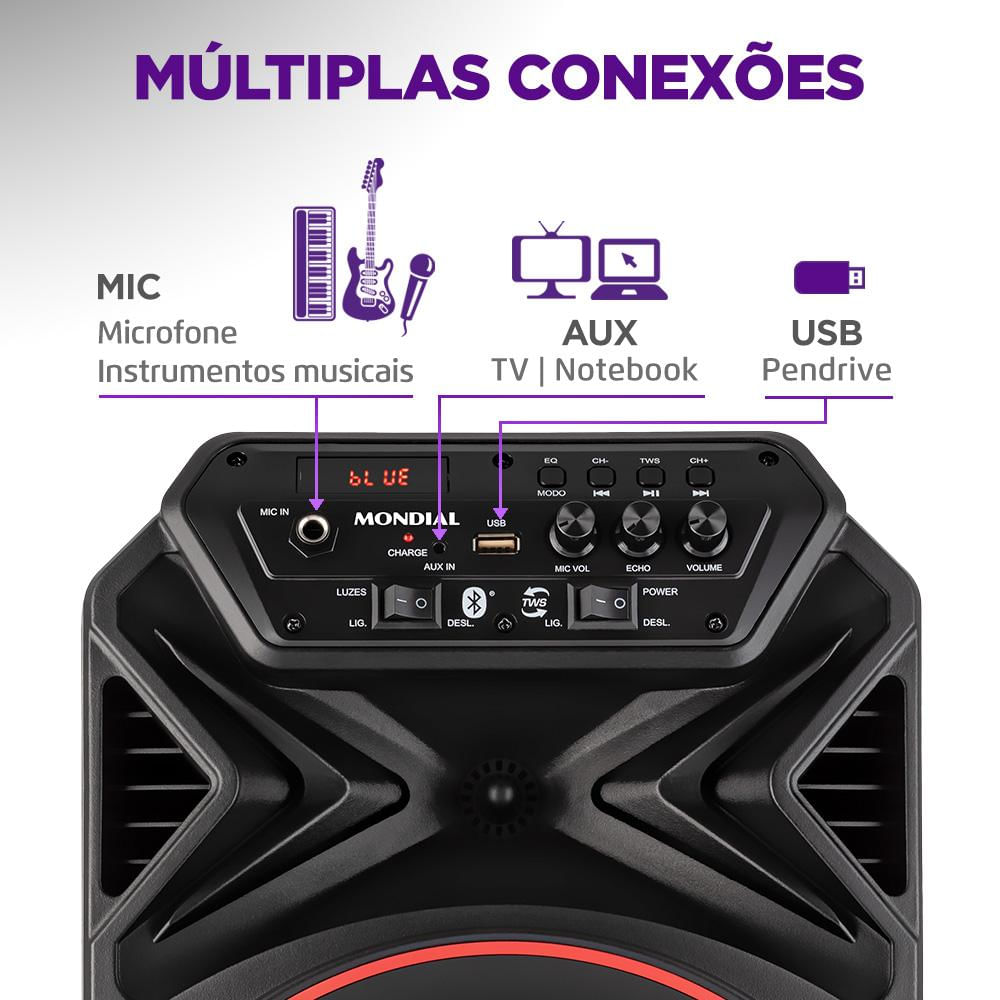 Caixa de Som Acústica Bluetooth 250W Mondial Connect Partyplus CM250 Preta