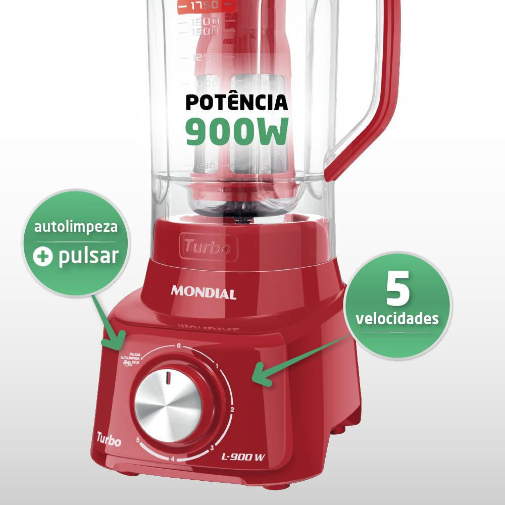 Liquidificador com Filtro 900W 2.7L Mondial Turbo L-900 FR 5 Velocidades Vermelho 127V