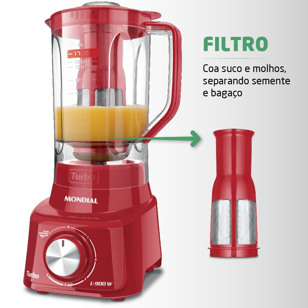 Liquidificador com Filtro 900W 2.7L Mondial Turbo L-900 FR 5 Velocidades Vermelho 220V