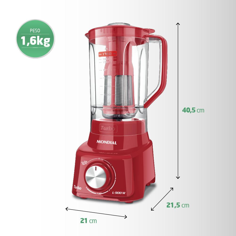 Liquidificador com Filtro 900W 2.7L Mondial Turbo L-900 FR 5 Velocidades Vermelho 220V