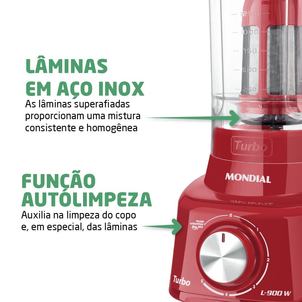 Liquidificador com Filtro 900W 2.7L Mondial Turbo L-900 FR 5 Velocidades Vermelho 220V