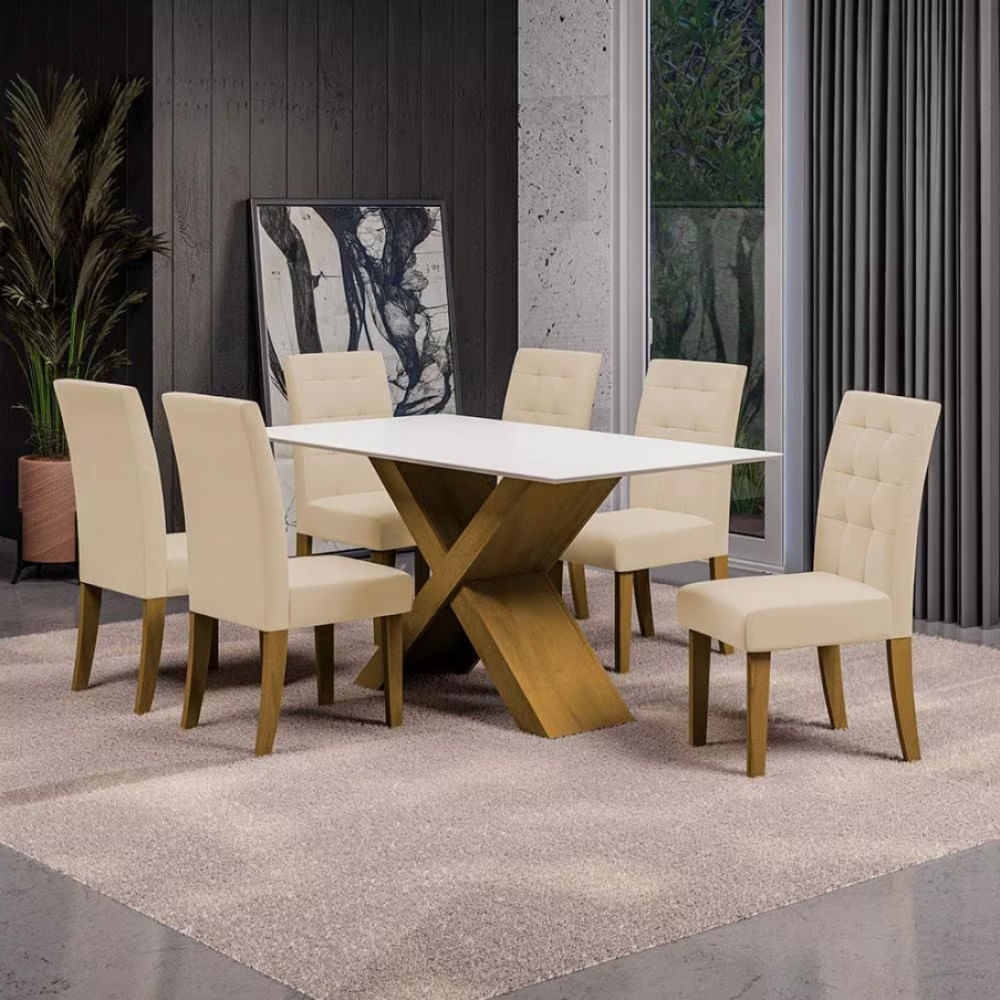 Mesa de Jantar Dobuê Dubai Light 160x90 com 6 Cadeiras Estofadas