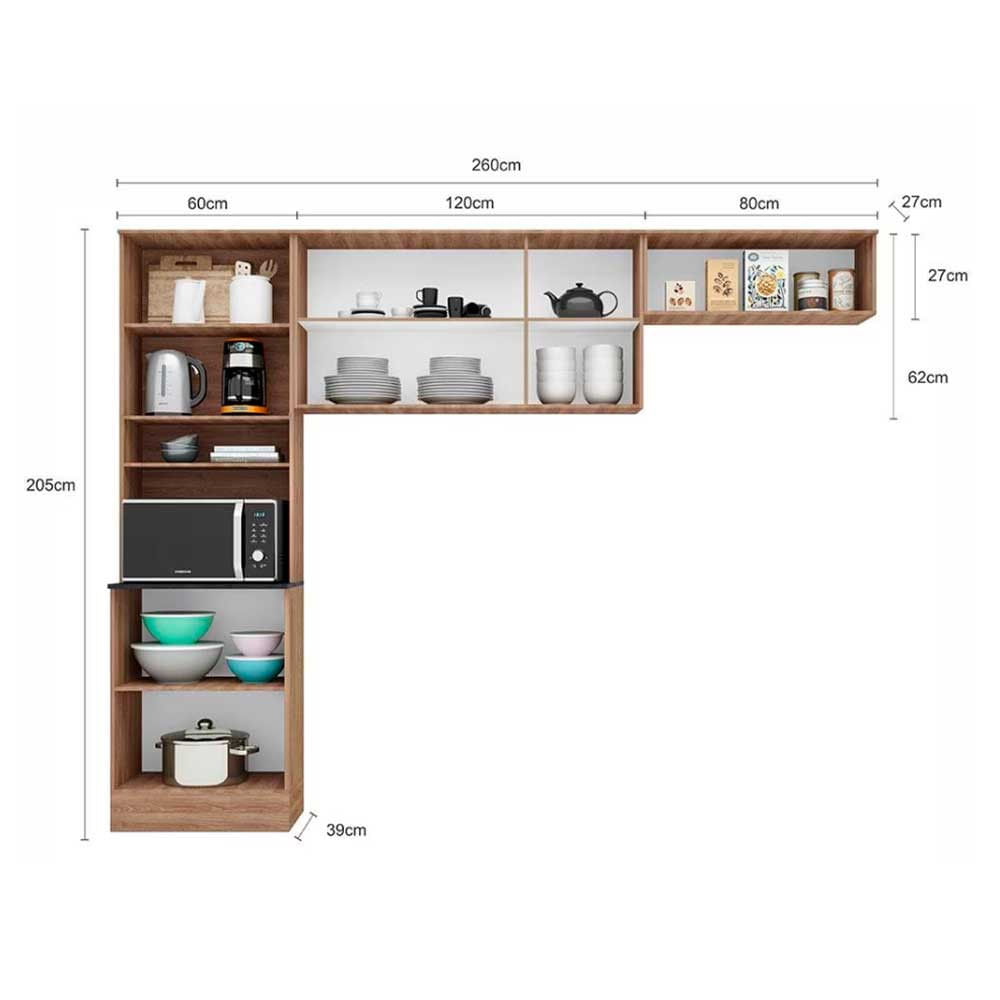 Cozinha Compacta Poliman Paris com 6 Portas e 5 Prateleiras - 260cm de largura Carvalho com Off White