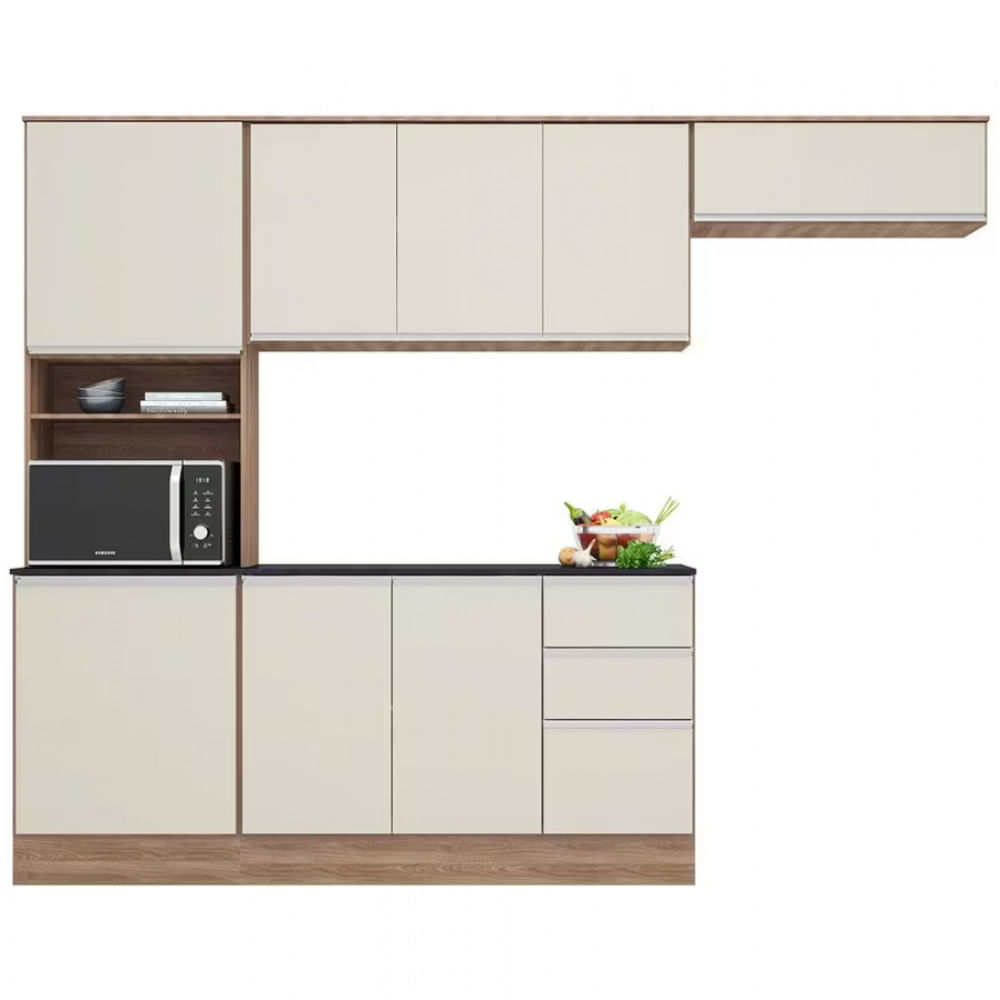 Cozinha Compacta Poliman Paris com 9 Portas 2 Gavetas e 6 Prateleiras Carvalho com Off White