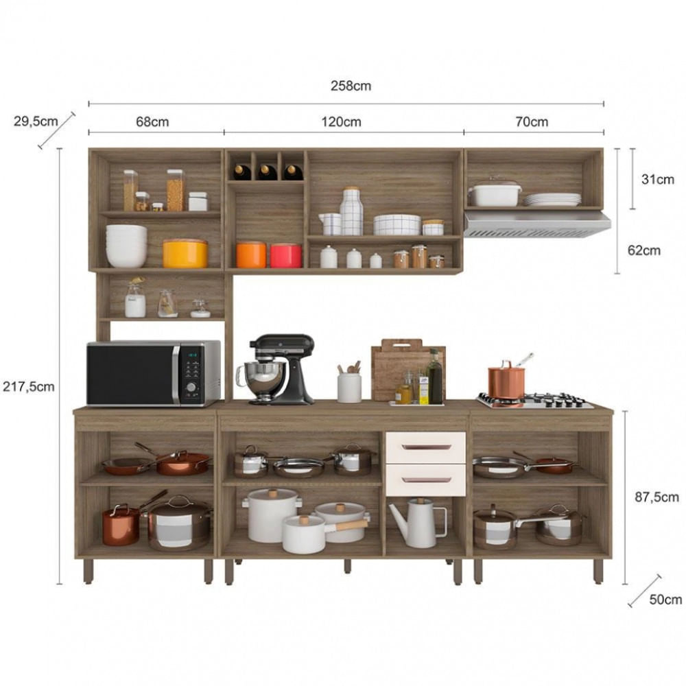 Cozinha Barcelona Balcão Cooktop 13 Portas 2 Gavetas Poliman Carvalho Oak/Off White