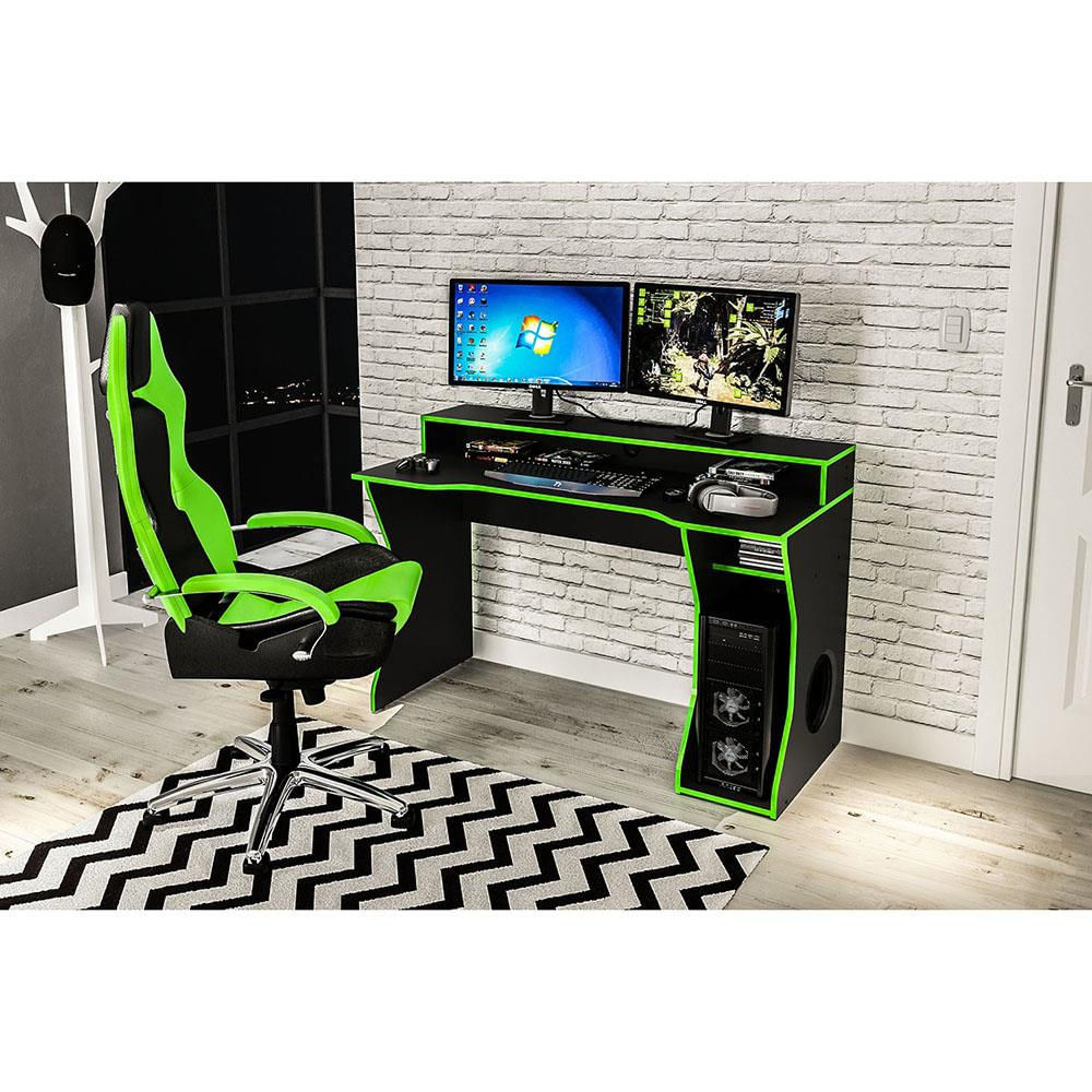 Mesa para Computador Gamer Politorno Fremont com 1 Nicho e 1 Prateleira Preta e Verde