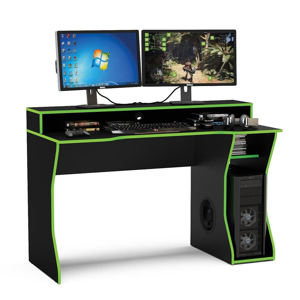 Mesa para Computador Gamer Politorno Fremont com 1 Nicho e 1 Prateleira Preta e Verde