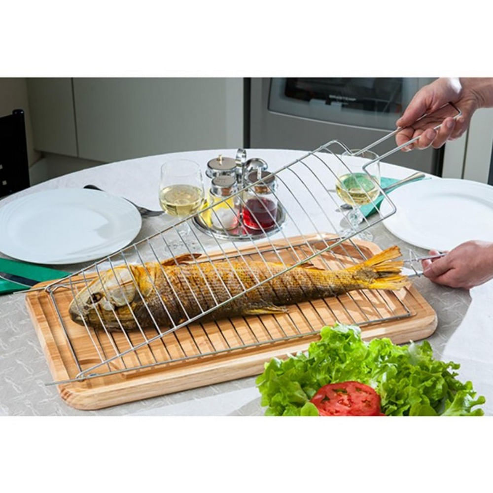 Conjunto de Grelha para Peixe e Espetos Simples Utimil em Aço Cromado, Aço Inox e Madeira 3 Peças Inox, Cromado e Natural