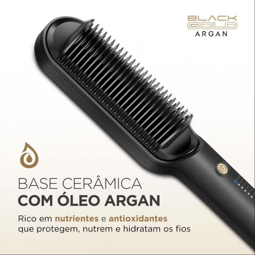 Escova Alisadora Black Gold Argan EA06 Cabo Giratório 230C Mondial Dourado com Preto / Bivolt