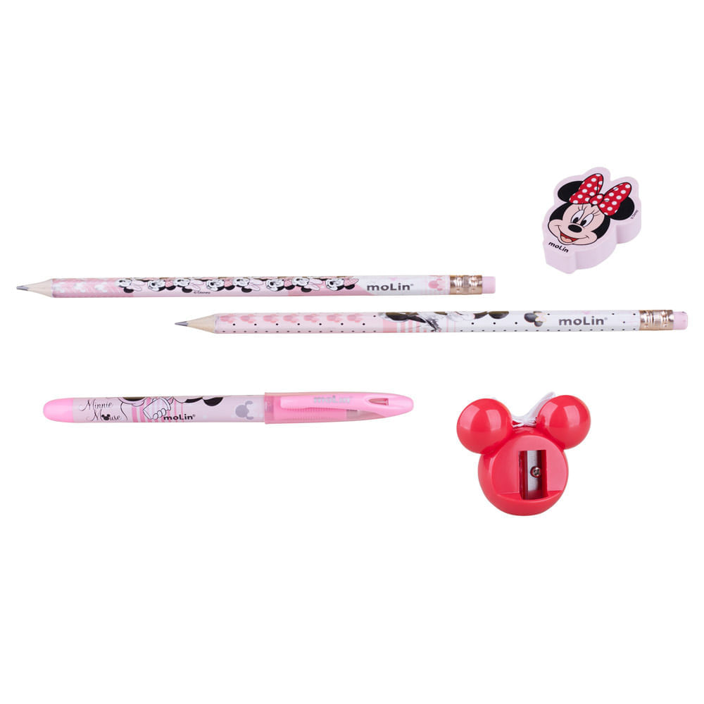 Kit Escolar Apontador Borracha Caneta e 2 Lápis Disney Minnie Mouse Molin