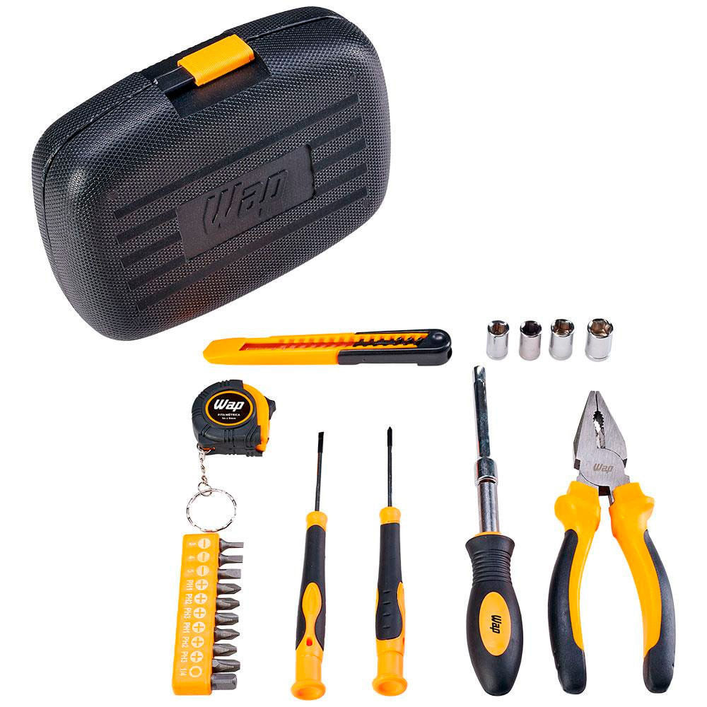 Kit de Ferramentas WAP MKF21 com Trena Chaves Estilete Alicate e Maleta 21 Peças Preto com Amarelo