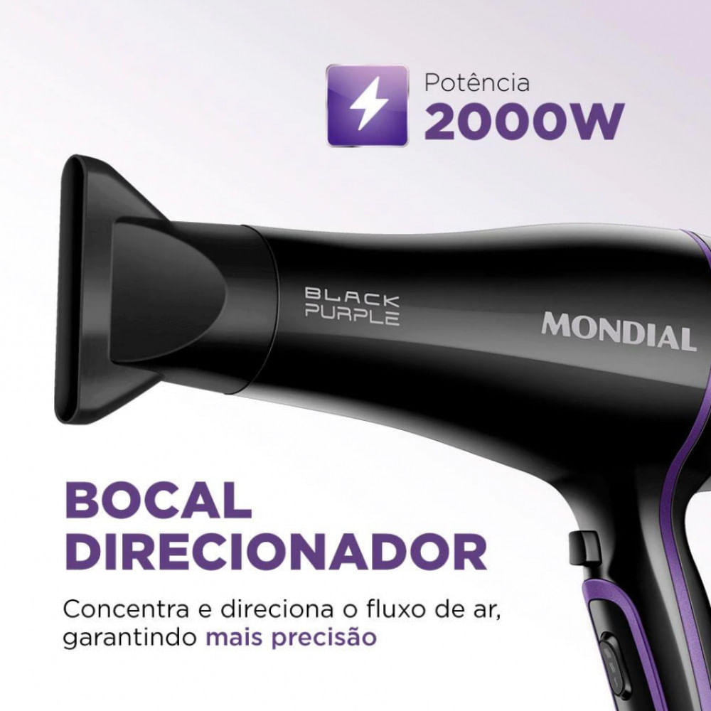 Secador de Cabelos Mondial Black Purple SCN-01 com Tourmaline Íon 2000W Preto / 220V