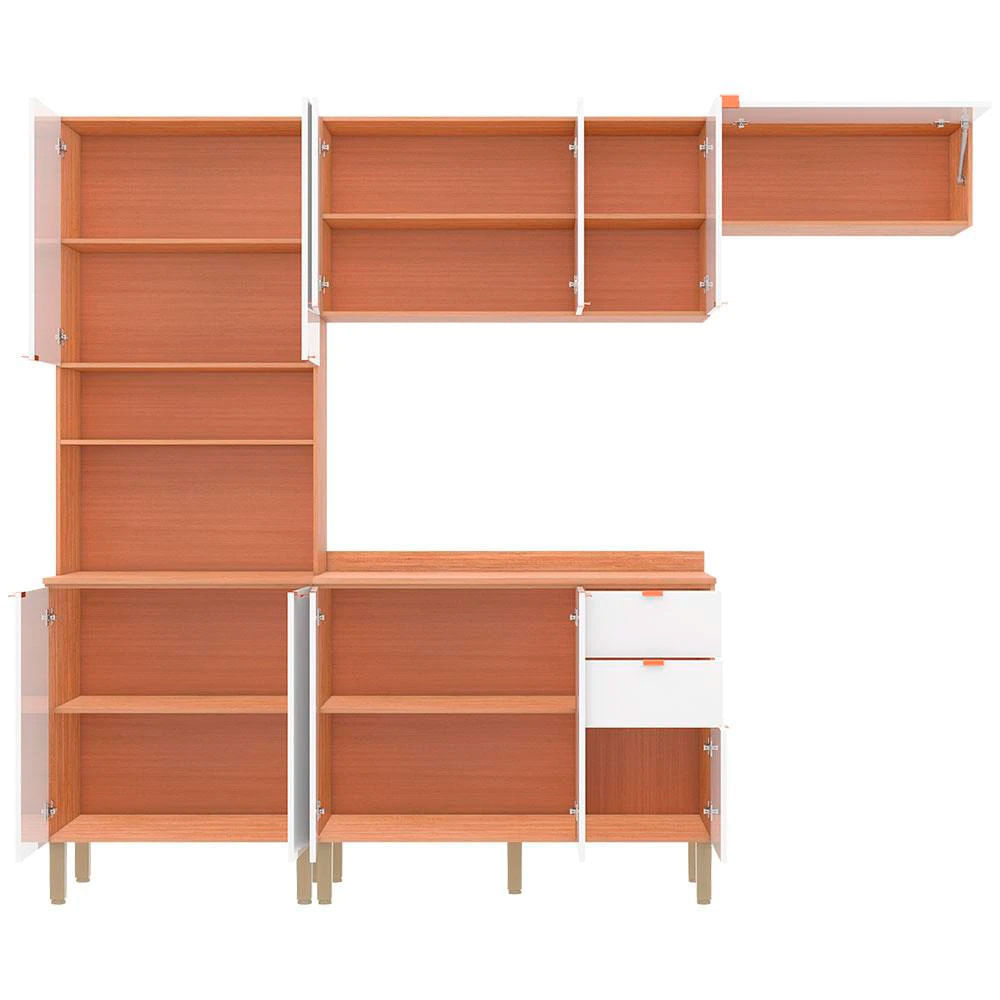 Cozinha Completa Bartira Joy com 11 Portas 2 Gavetas 5 Prateleiras e Nicho para Micro-ondas 244,5cm Damasco com Branco