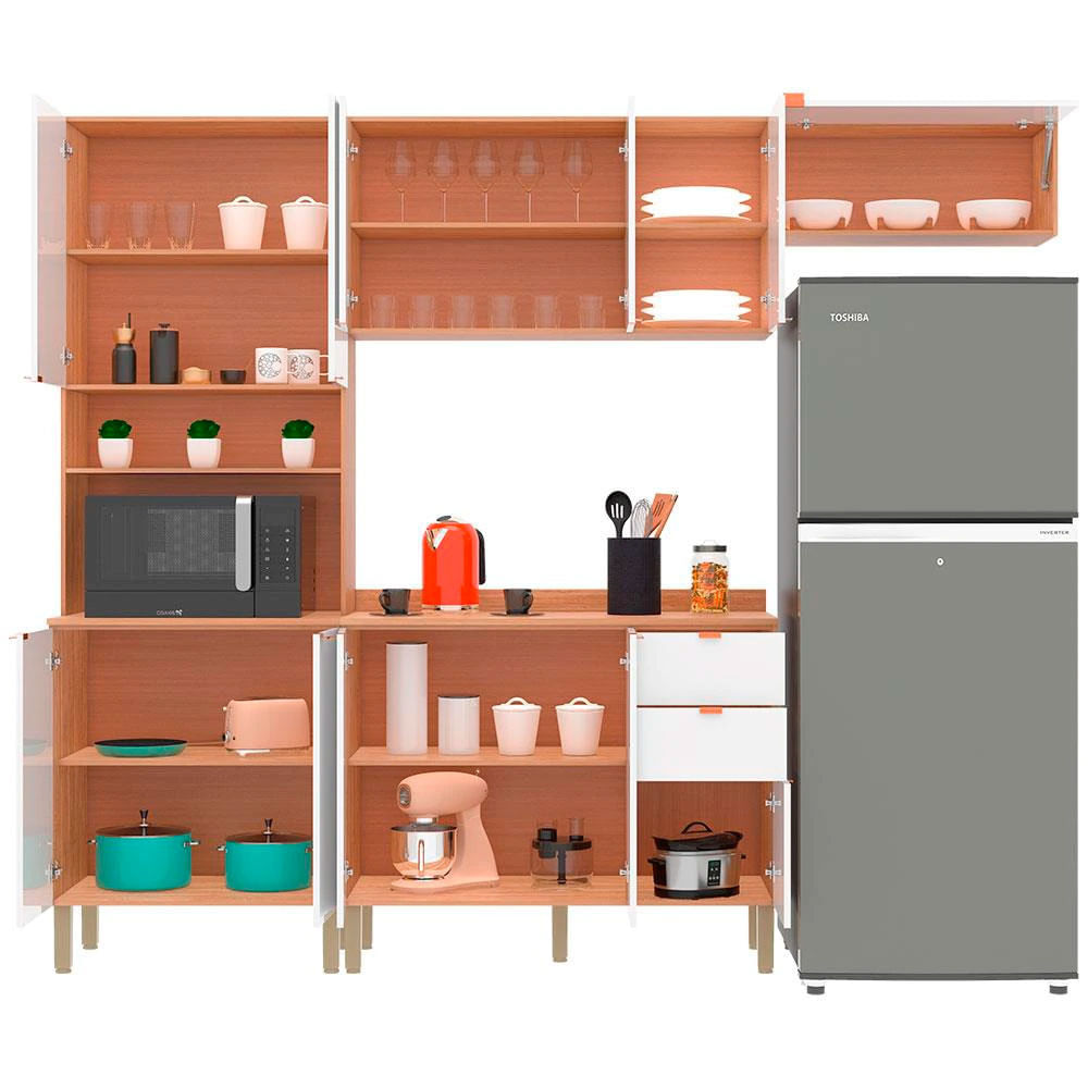 Cozinha Completa Bartira Joy com 11 Portas 2 Gavetas 5 Prateleiras e Nicho para Micro-ondas 244,5cm Damasco com Branco