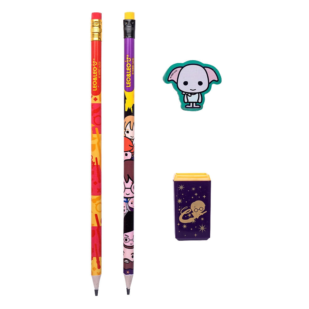 Kit Escolar Leo&Leo Harry Potter com 2 Lápis HB + Apontador + Borracha