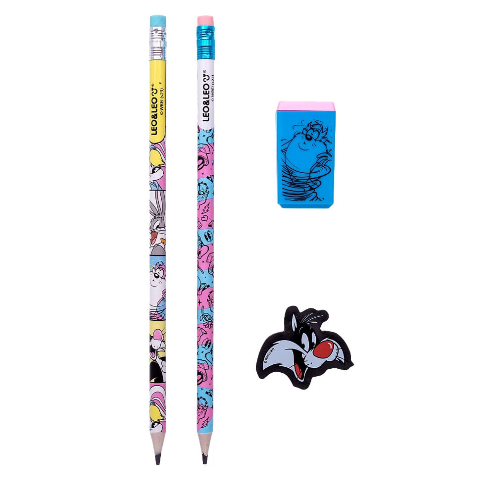 Kit Escolar Leo&Leo Looney Tunes com 2 Lápis HB + Apontador + Borracha