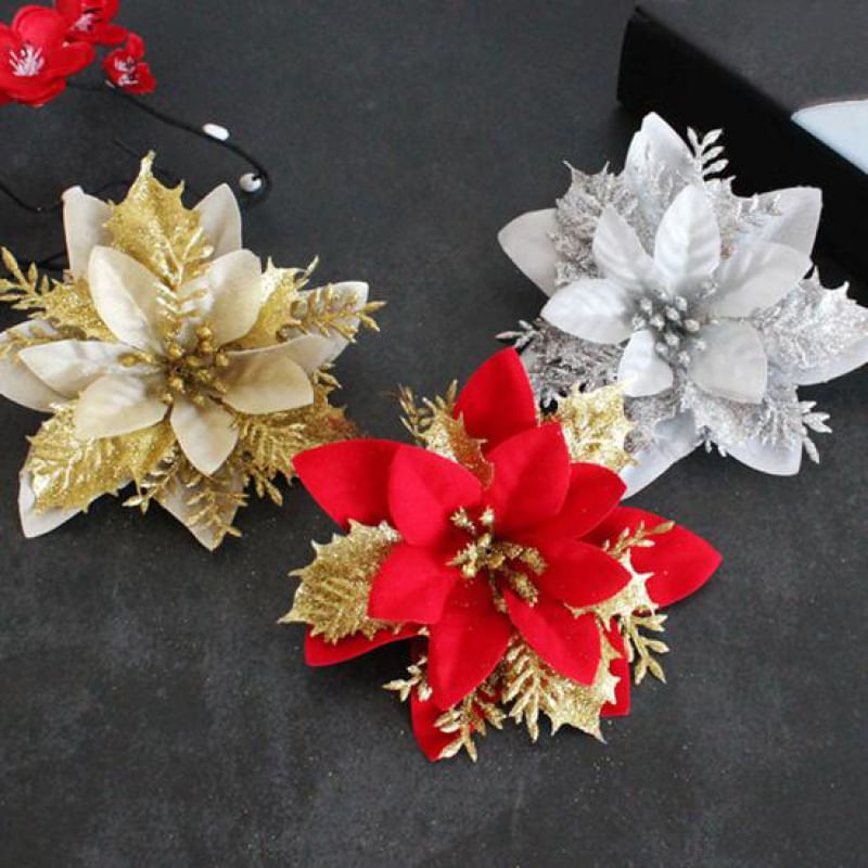 Conjunto de 10 Flores Artificiais Douradas para Decoração de Natal dourado