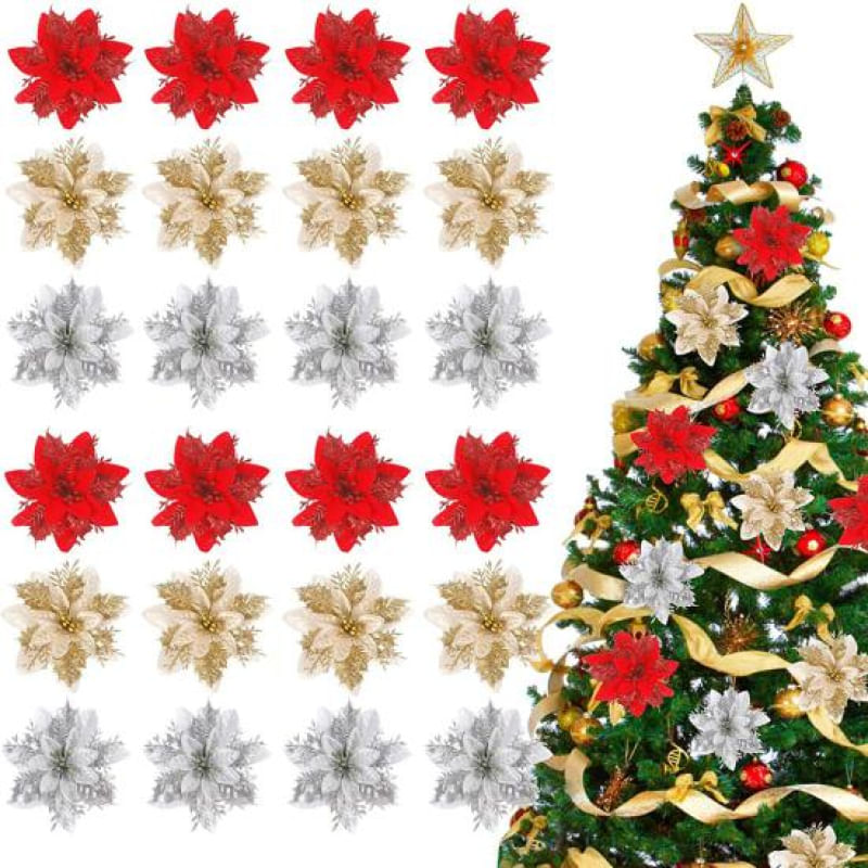 Conjunto de 10 Flores Artificiais Douradas para Decoração de Natal