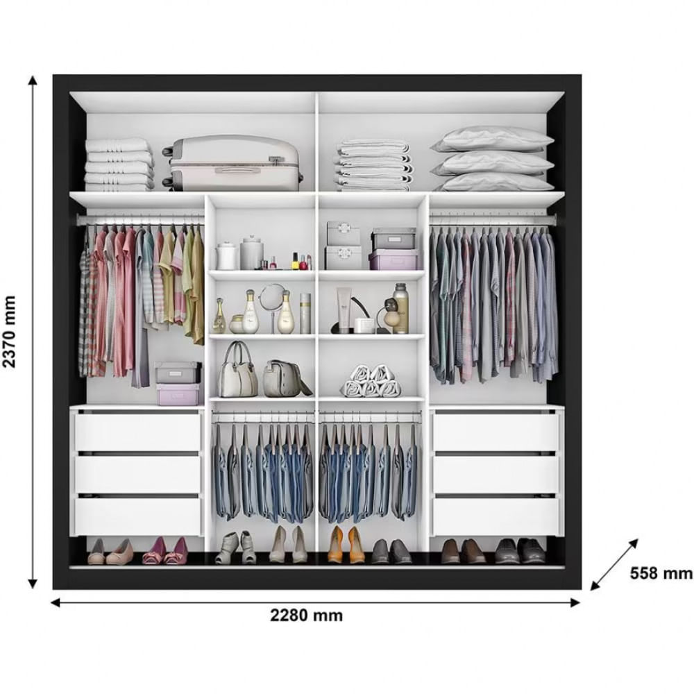 Guarda Roupa Casal Mademarques Sevilha com 228 cm de Largura 2 Portas 6 Gavetas 10 Prateleiras e Espelho Preto com Branco