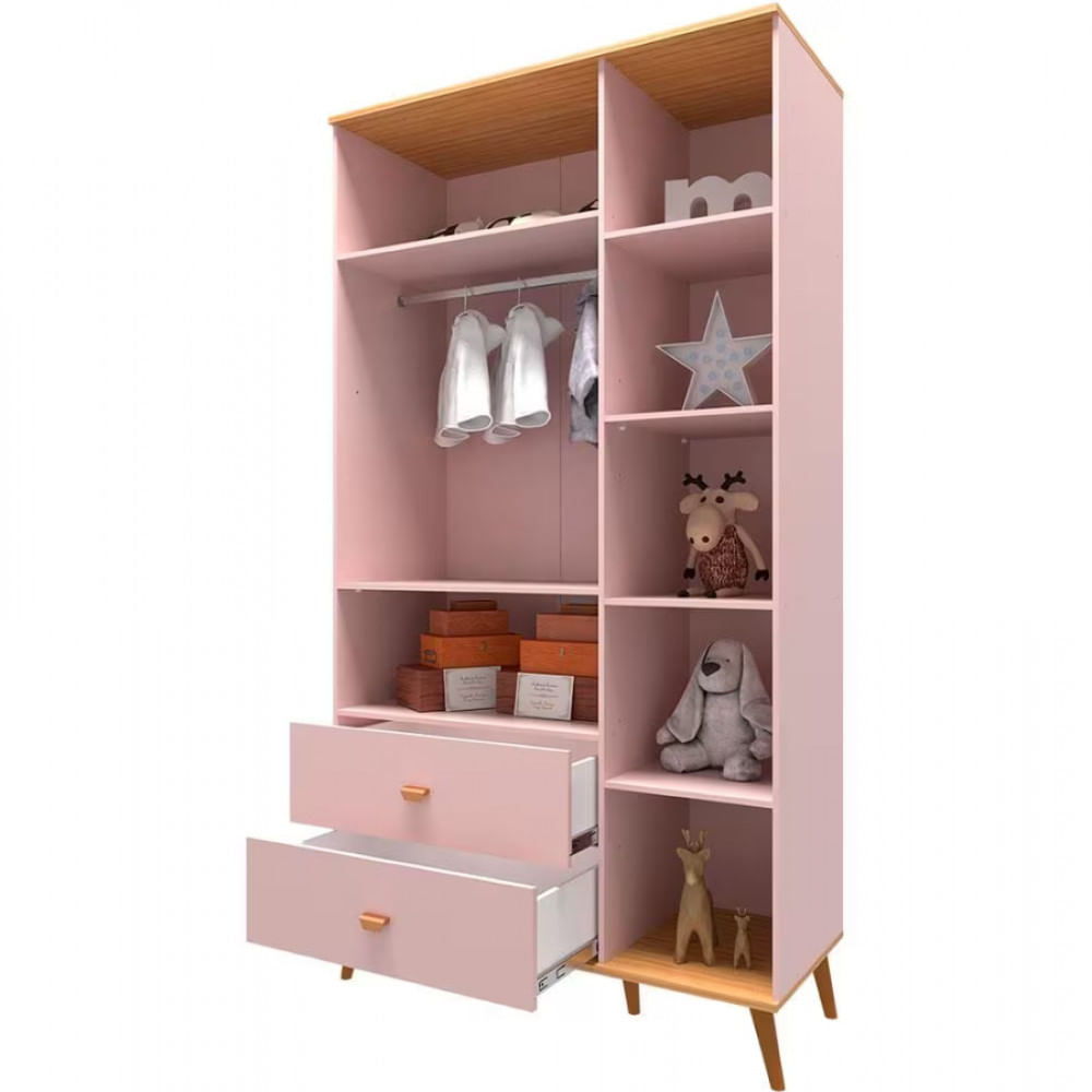 Guarda Roupa Infantil Bartira Ternura com 3 Portas 2 Gavetas e 5 Nichos Rosa Wood