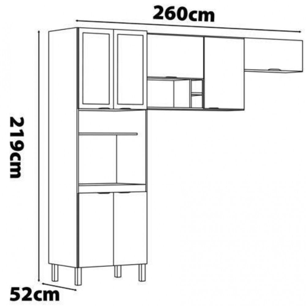 Cozinha Compacta Demóbile Firenze com 7 Portas 6 Prateleiras e Nicho para Micro-ondas 260cm de Largura Amêndola com Branco