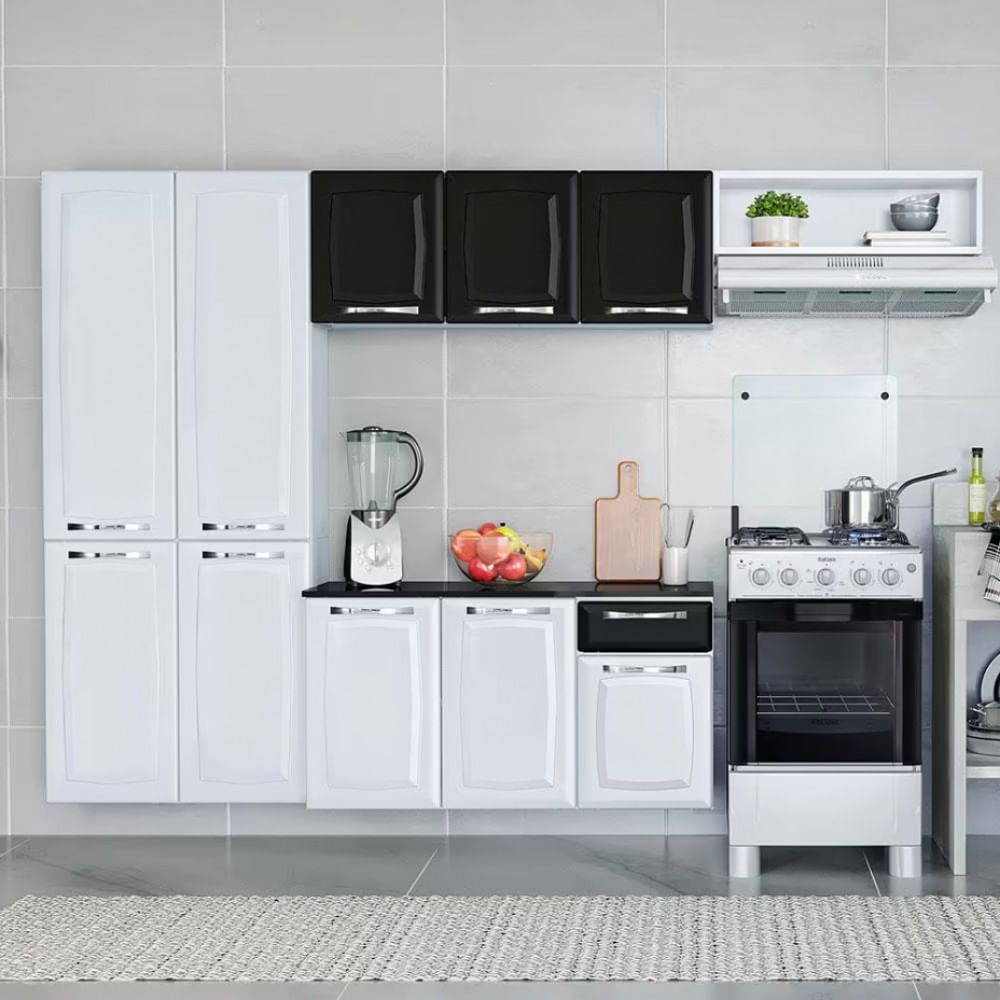 Cozinha Compacta Itatiaia Amanda Plus com 10 Portas 1 Gaveta e 8 Prateleiras 245cm de Largura Branco e Preto