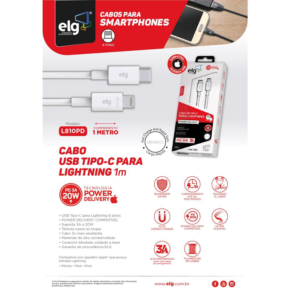 Cabo Tipo-C para iPhone 1m ELG LP810PD Branco