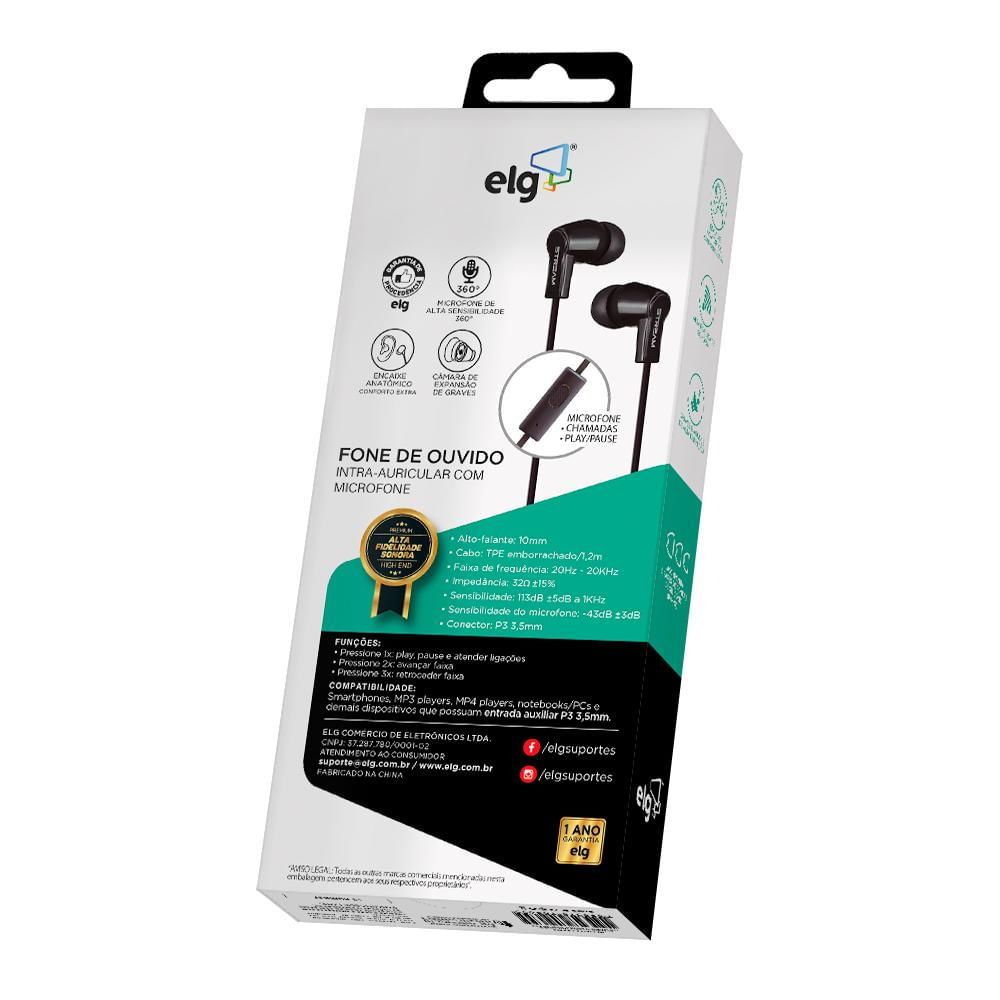 Fone de Ouvido Intra-Auricular com microfone EP12BK 1.2M ELG Preto