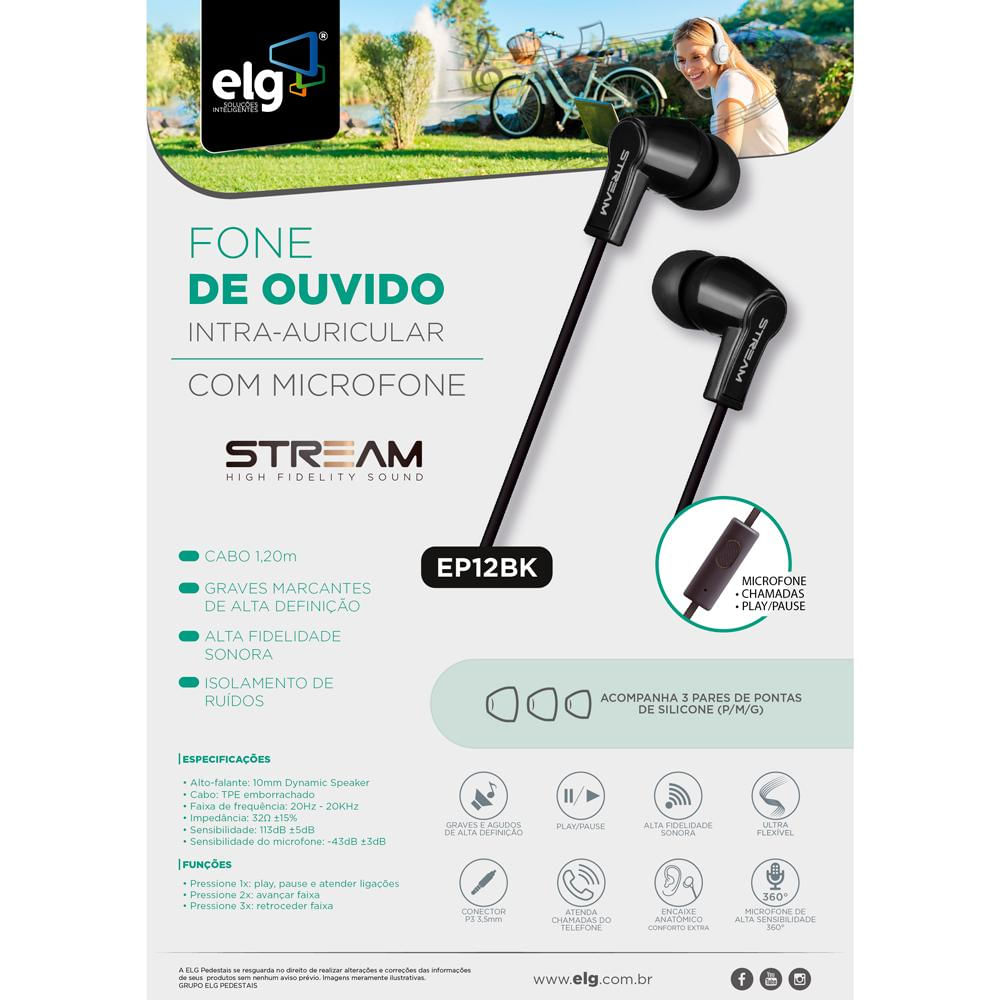 Fone de Ouvido Intra-Auricular com microfone EP12BK 1.2M ELG Preto