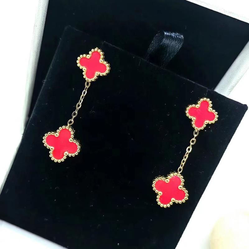 Brincos Dupla Face Trevo de Quatro Folhas em Aço Inoxidável vermelho