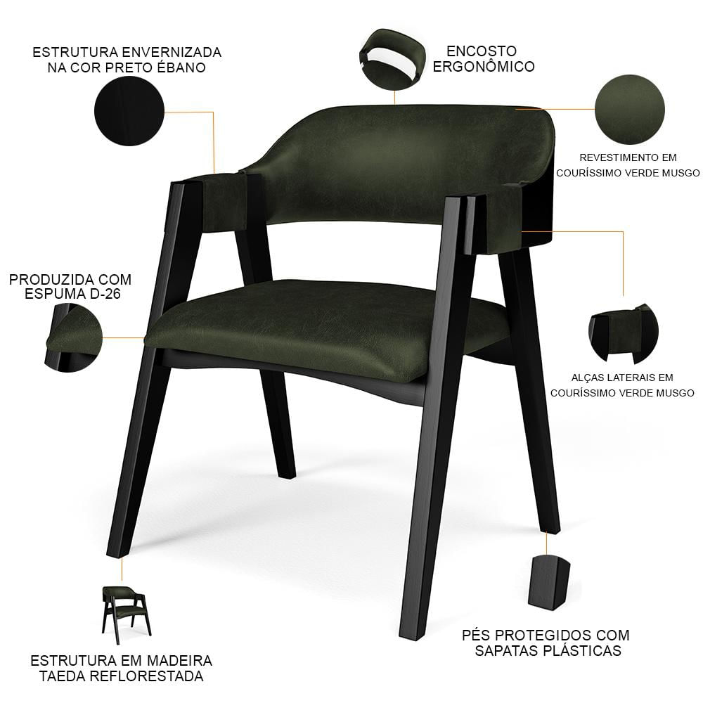 Cadeira Para Sala de Jantar Estar Living Estofada Suran L02 Preto Couríssimo Verde Musgo - Lyam Decor