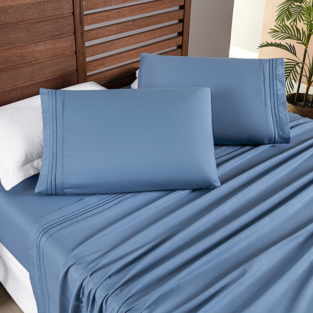 Jogo Cama Lençol Honore Solteiro Micro Percal 200 Fios c/ Detalhes Bordados 3 Peças - Azul Ice Blue