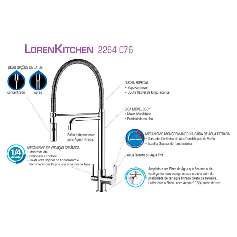 Torneira Misturador Monocomando Lorenkitchen 2264 C76 Ducha E Saída Para Água Filtrada Lorenzetti