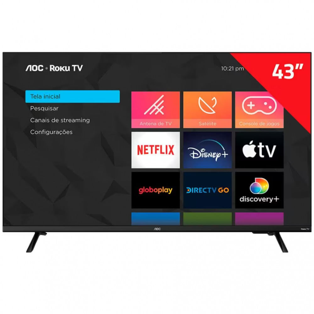 Smart TV 43 AOC Full HD 43S5135/78G Roku TV Dolby Digital Comando de Voz 60 Hz Processador Quad Core