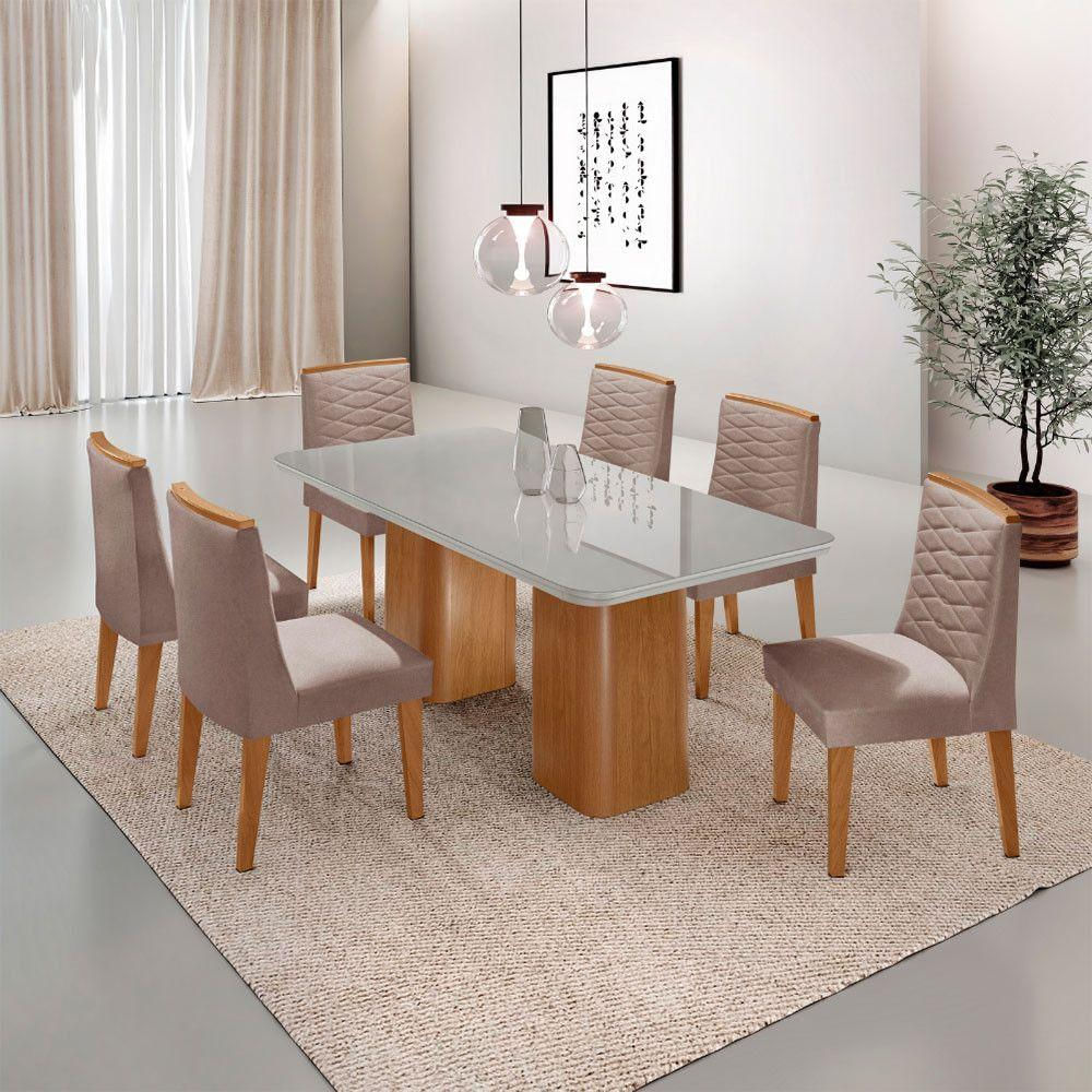 Mesa De Jantar Eloise Tampo MDF Vidro Com 6 Cadeiras Moderna Linho Capuccino Off White Naturale