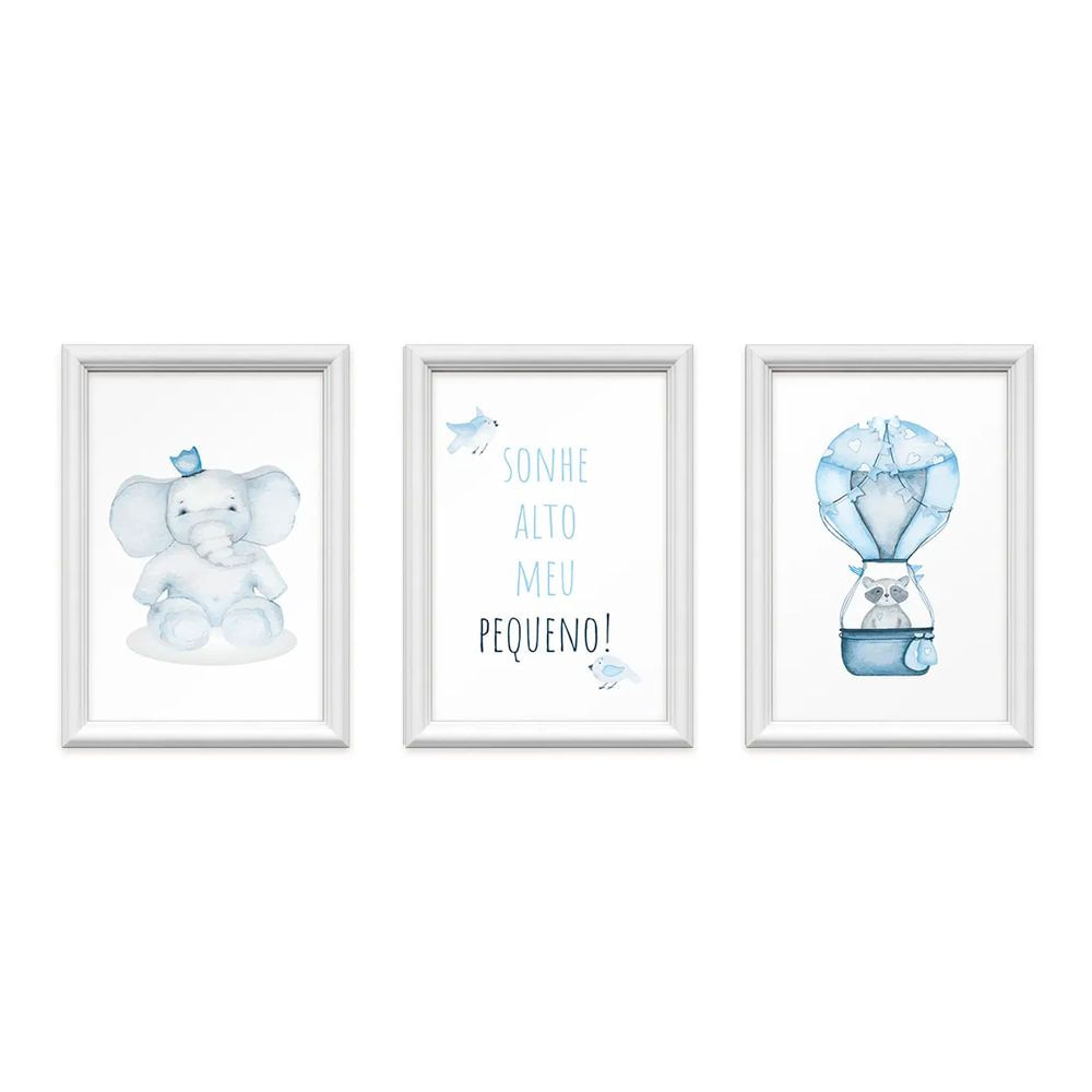 Kit 3 Quadros Decorativos Meu Rodapé Sonhe Alto Elefante e Balão Azul 24x34