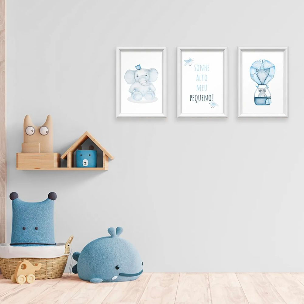 Kit 3 Quadros Decorativos Meu Rodapé Sonhe Alto Elefante e Balão Azul 24x34