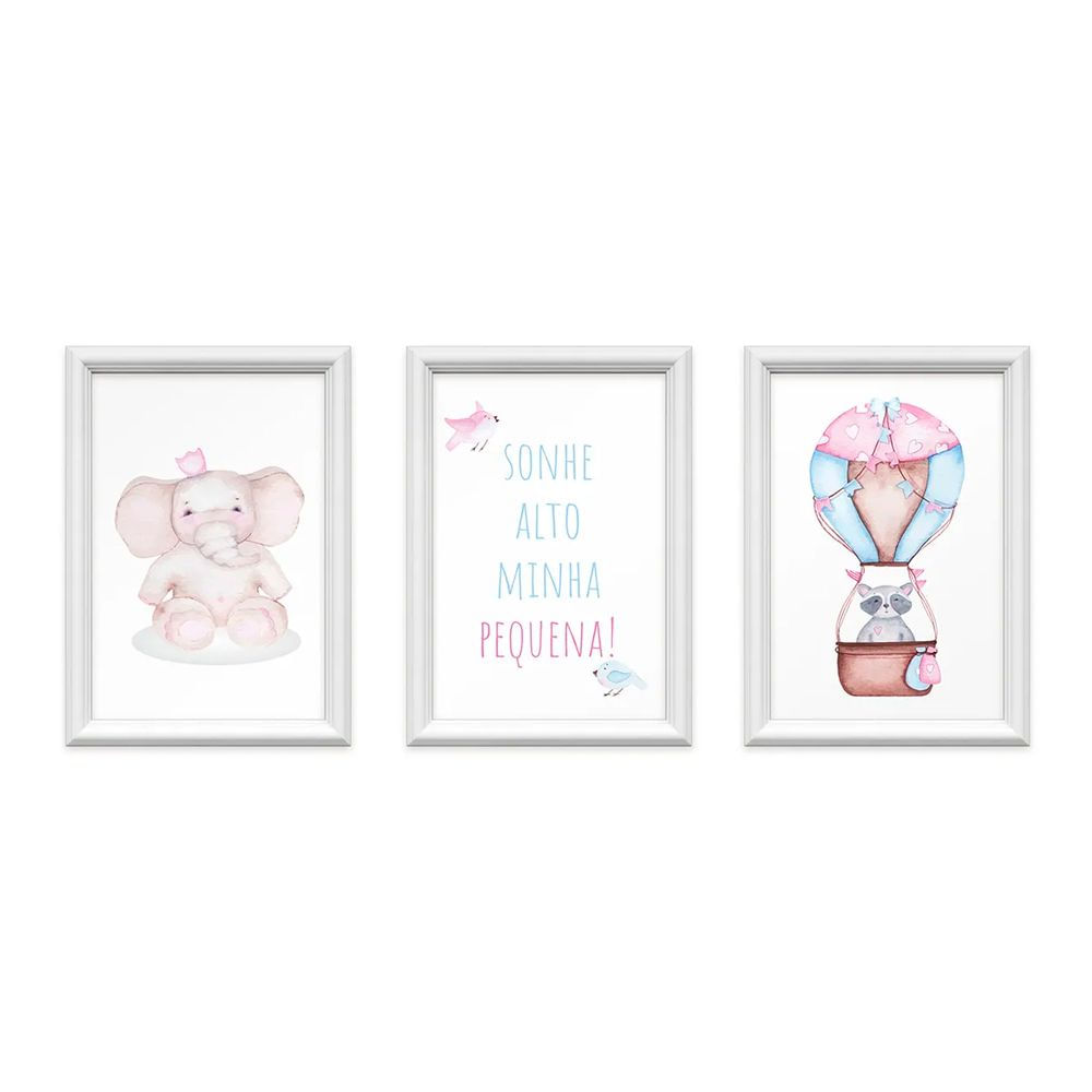 Kit 3 Quadros Decorativos Meu Rodapé Sonhe Alto Elefante e Balão Rosa 24x34