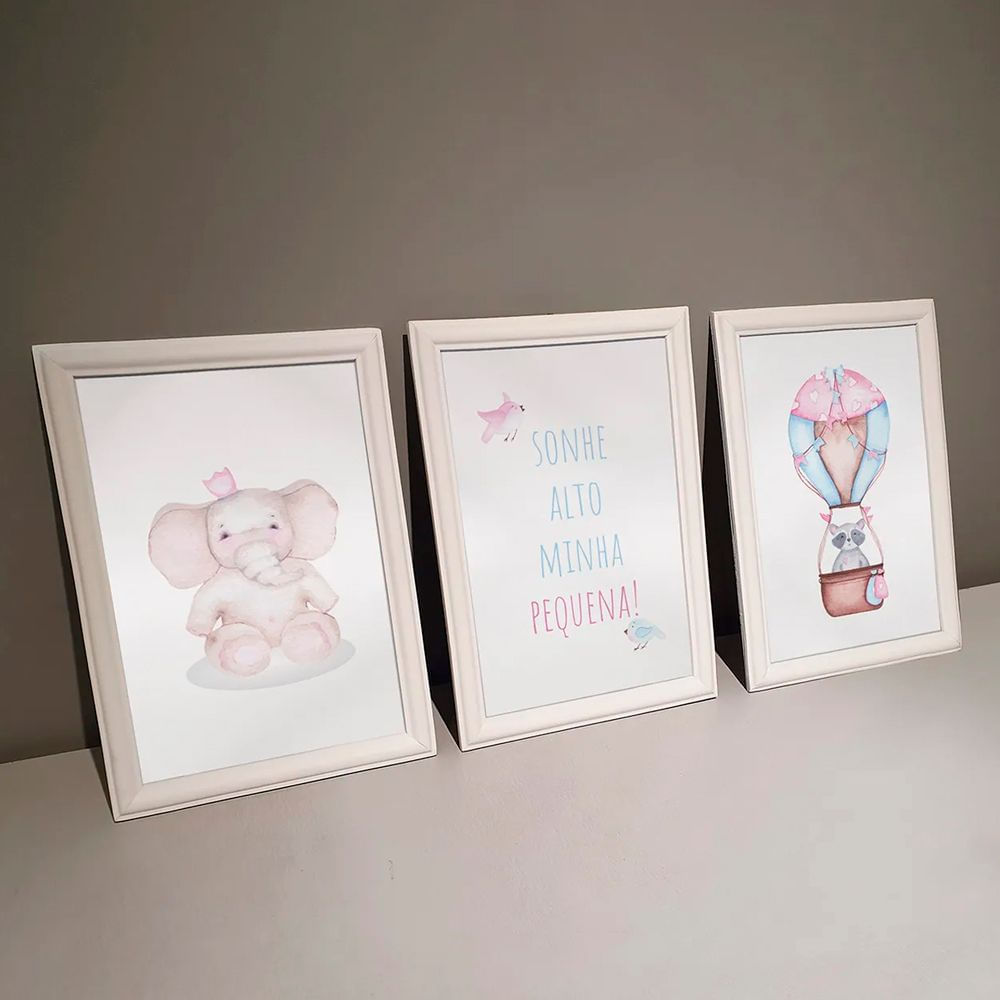 Kit 3 Quadros Decorativos Meu Rodapé Sonhe Alto Elefante e Balão Rosa 24x34