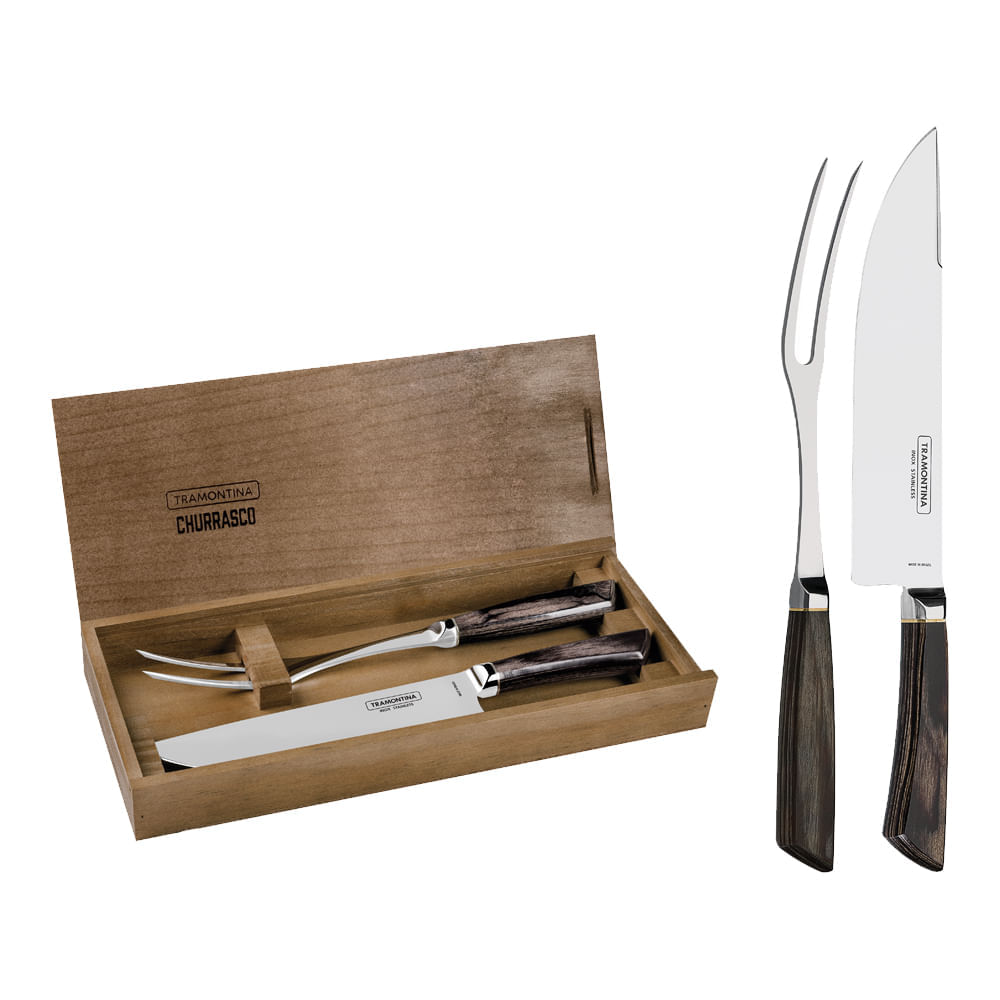 Kit Churrasco 2 Peças Tramontina 29899553 com Estojo de Madeira Castanho