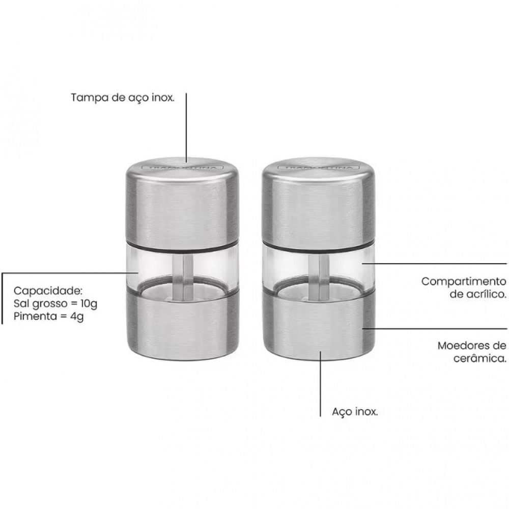 Conjunto de Mini Moedores Tramontina Realce em Aço Inox e Acrílico 2 Peças Inox com transparente