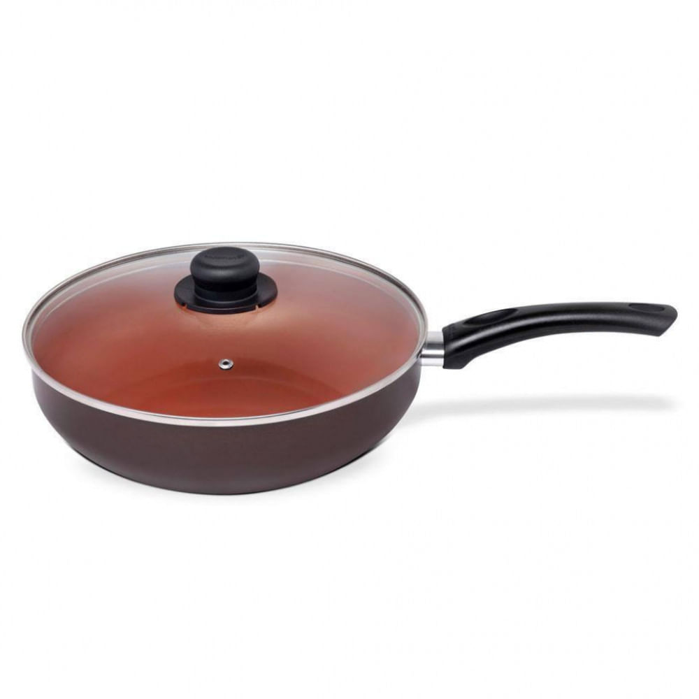 Frigideira Wok Multiflon Terracota com Revestimento Ultra 7 Marrom com Tampa 28 cm