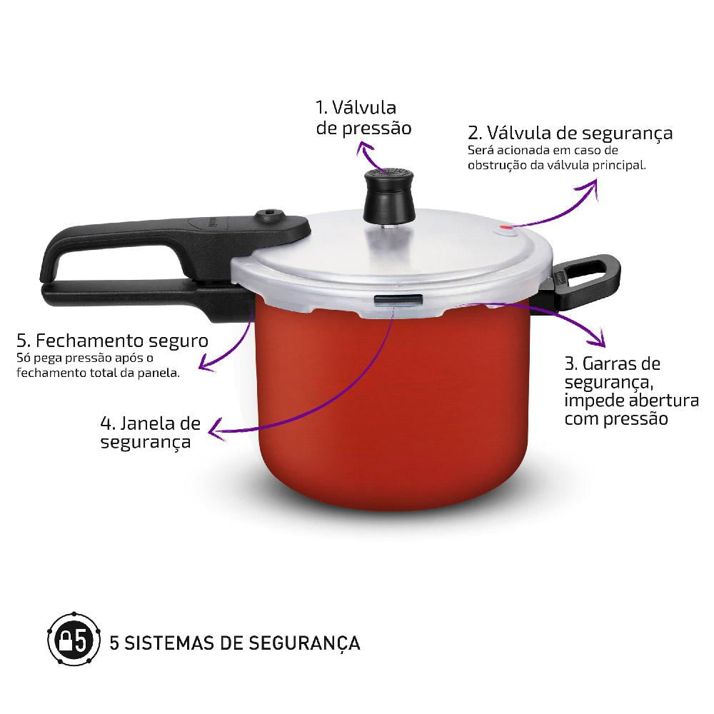 Panela de Pressão 4.5L Fechamento Externo Seg Pratic Rochedo Vermelha