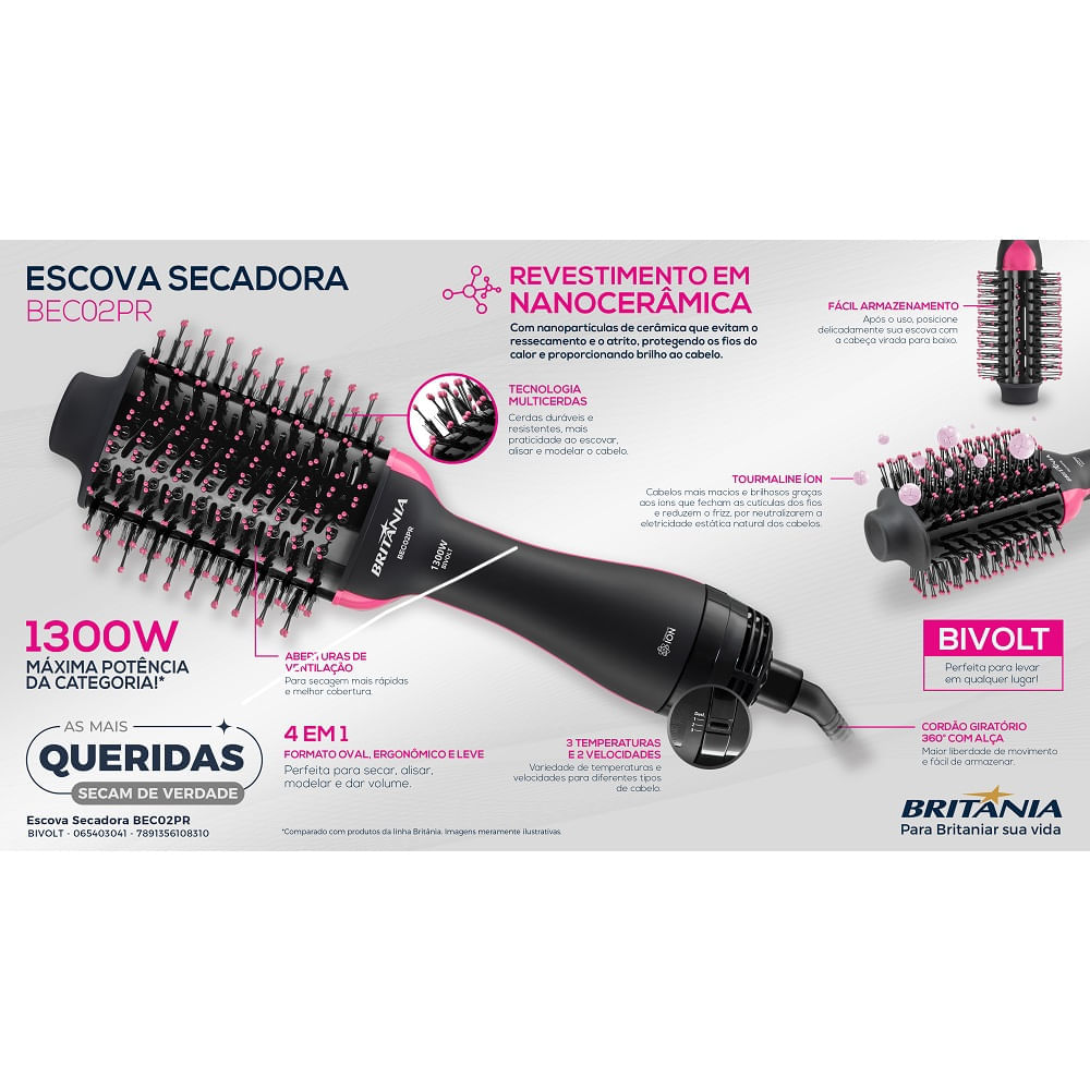 Escova Secadora Britânia Preto e Rosa BEC02PR- Bivolt Bivolt