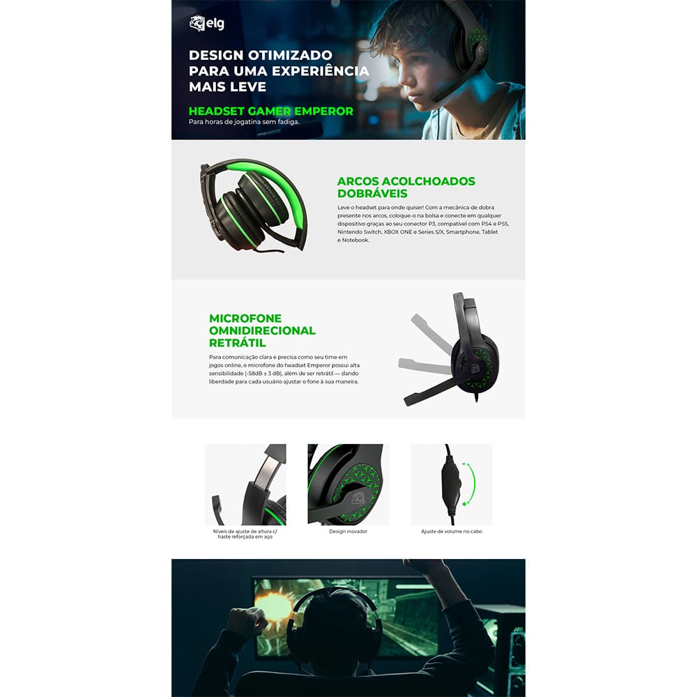 Headset Gamer ELG Emperor HGE01 com Microfone P3 + P2 Verde