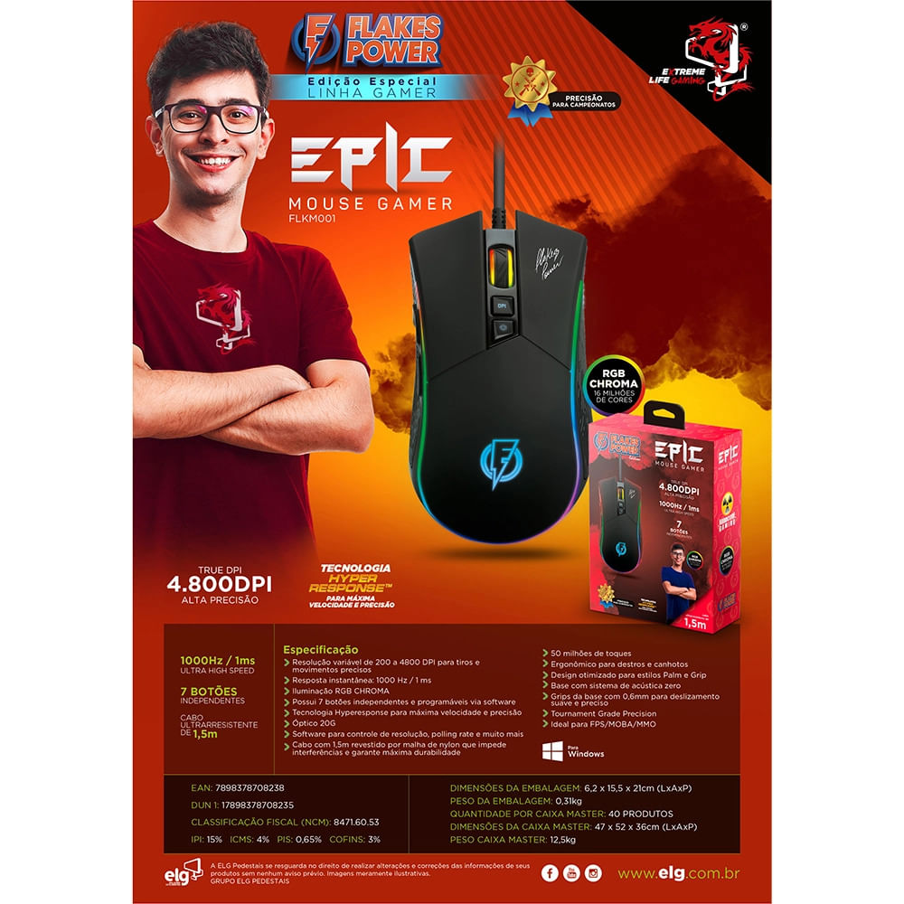 Mouse Gamer Elg Flakes Power EPIC 4800DPI Preto