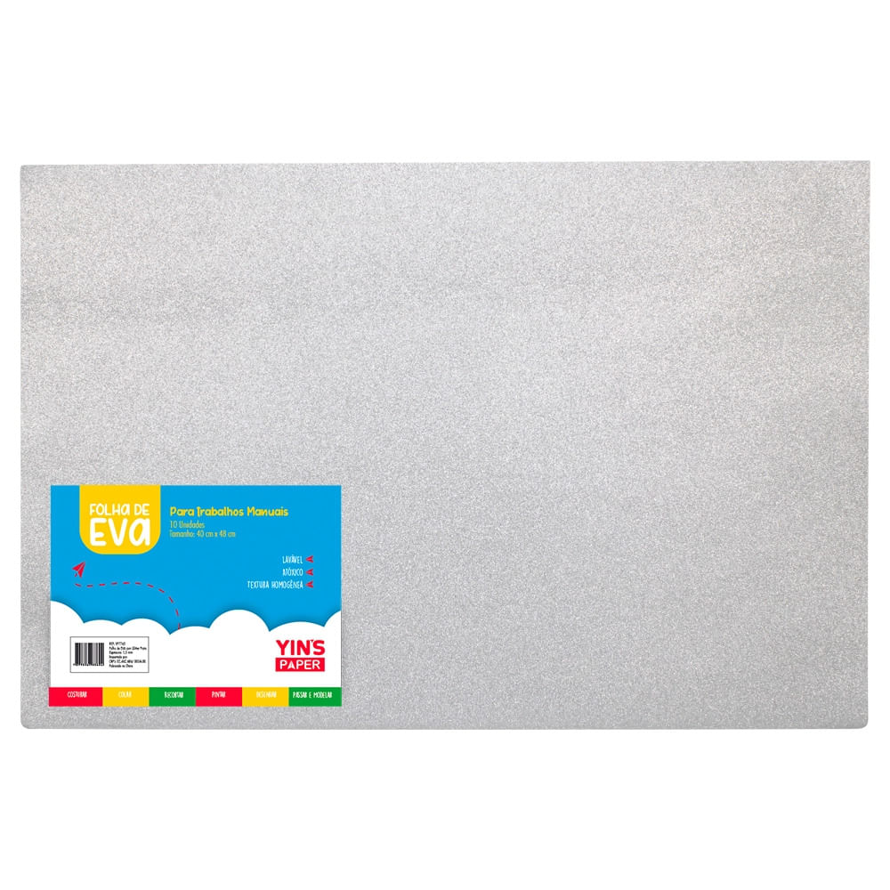 Folha de Eva Prata Yins Paper com Glitter 10 Unidades 40x48x0,15cm