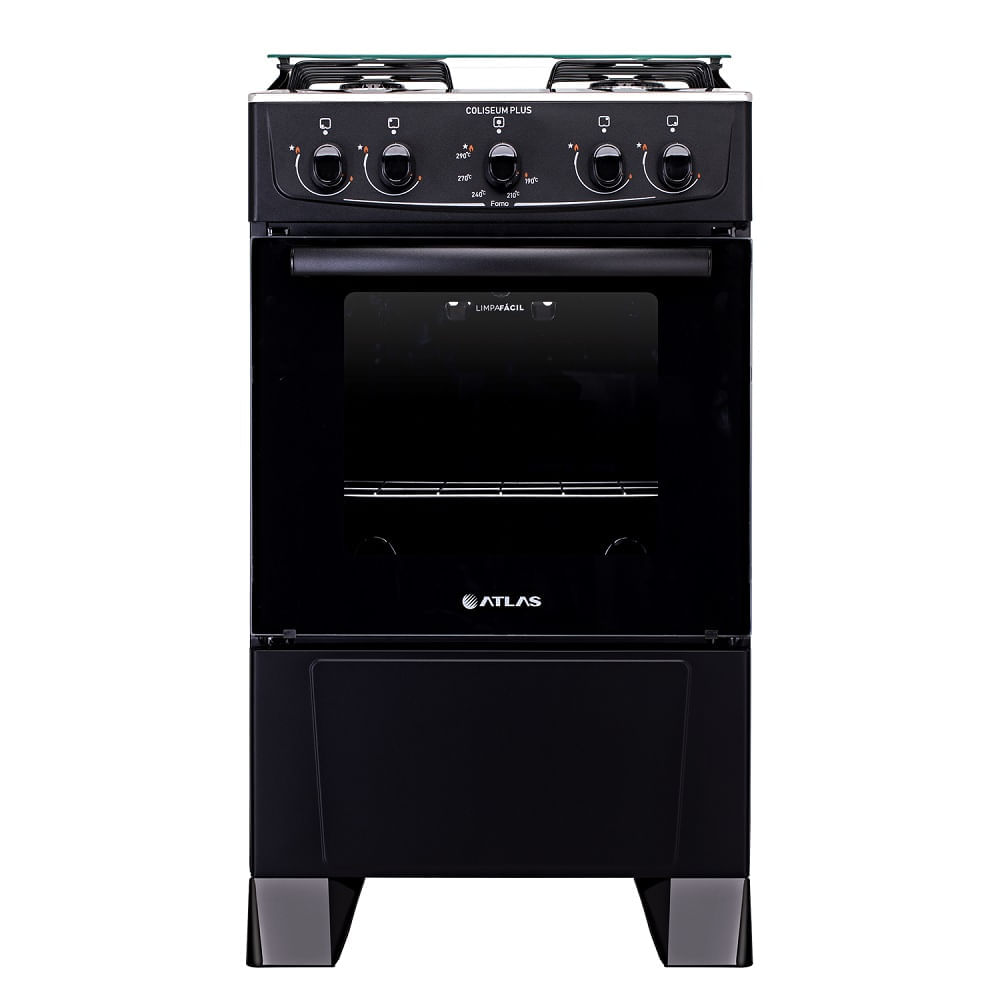 Fogão de Piso Atlas 4 Bocas Com Mesa Inox Coliseum Plus Preto Bivolt