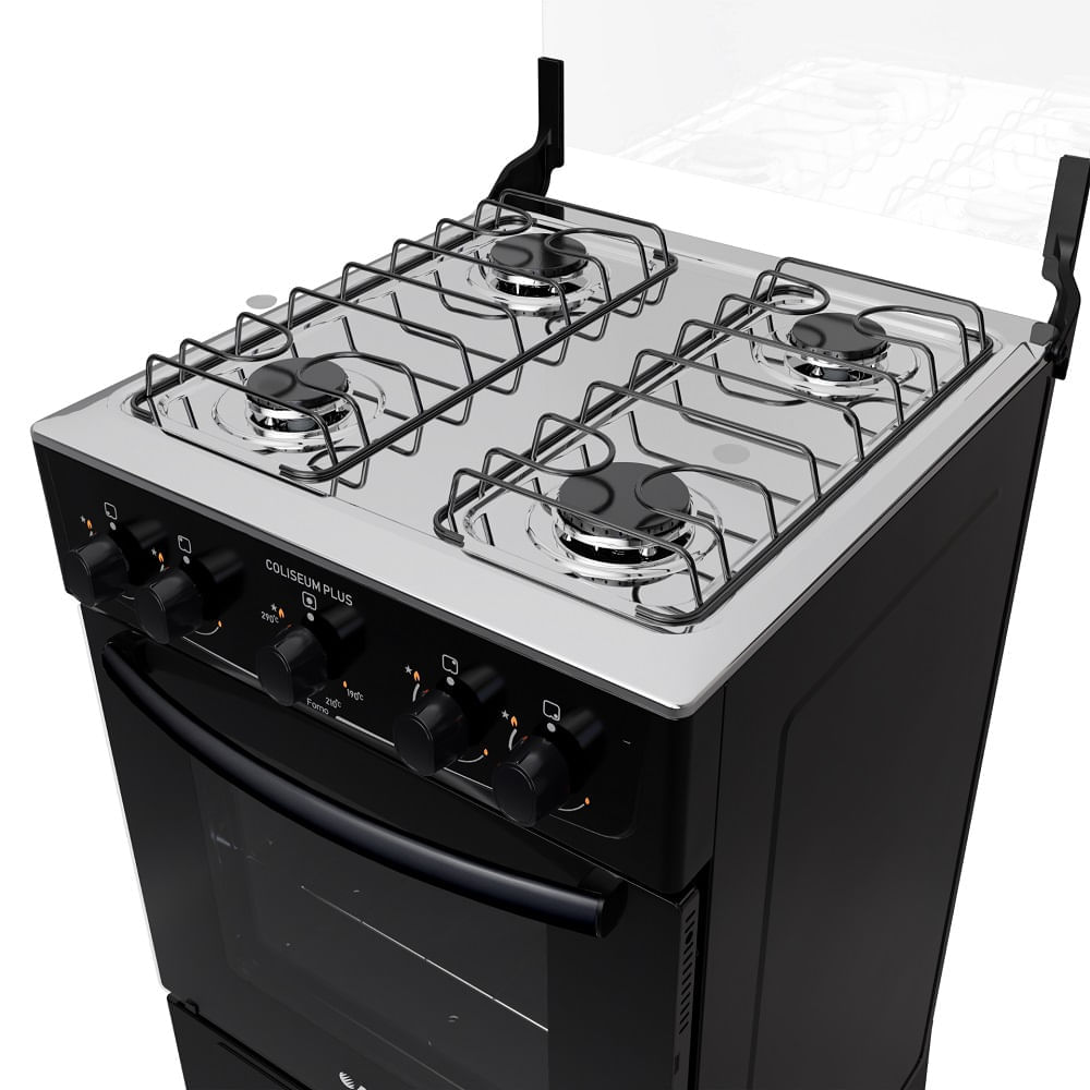 Fogão de Piso Atlas 4 Bocas Com Mesa Inox Coliseum Plus Preto Bivolt